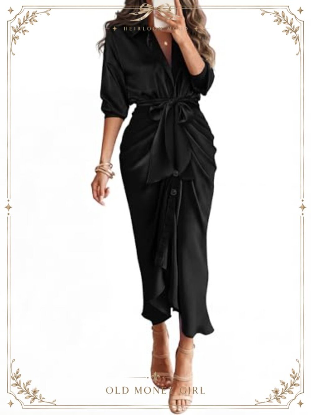 Lapel V Neck Belted Maxi Shirt Dress Long Sleeve Button Down Satin